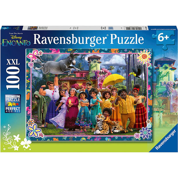 Puzzle Disney Encanto 100 pièces avec illustration colorée des personnages du film, dimensions 49x36 cm assemblé