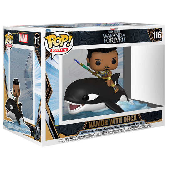 Figurine Funko POP de Namor avec son orque issue du film Marvel Black Panther Wakanda Forever vue de face