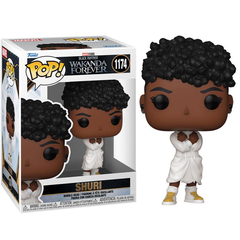 Boîte cadeau officielle Funko POP contenant la figurine Shuri, avec illustrations Marvel et logo Wakanda Forever