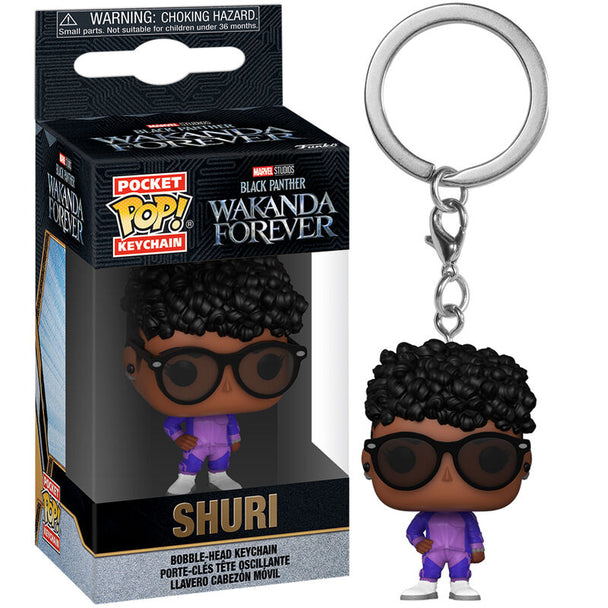 Zoom sur la figurine porte-clés Shuri, montrant les couleurs et finitions du modèle Funko Pocket POP
