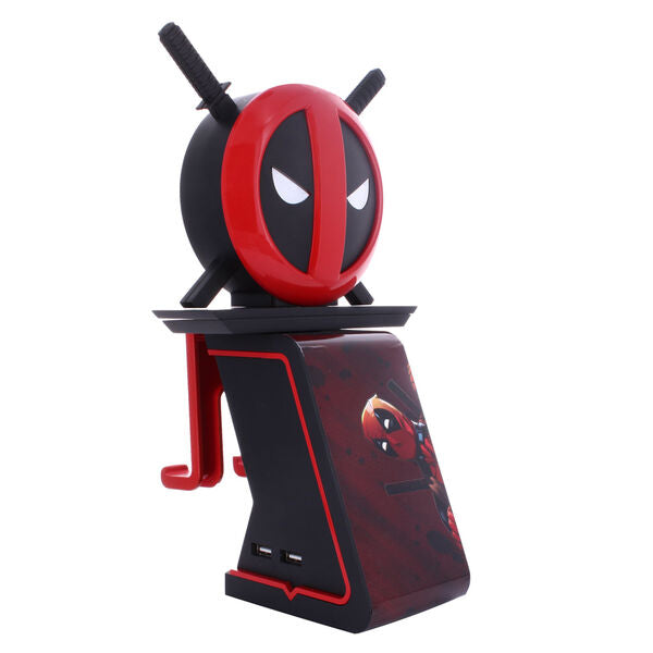 Vue de face du support de charge Marvel Deadpool Cable Guy avec éclairage LED blanc et logo Marvel illuminé