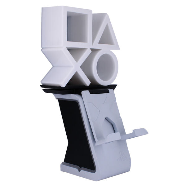 Support de charge EXQUISITE GAMING blanc de 20 cm avec éclairage LED et logo Marvel pour manettes PS5 et Xbox.