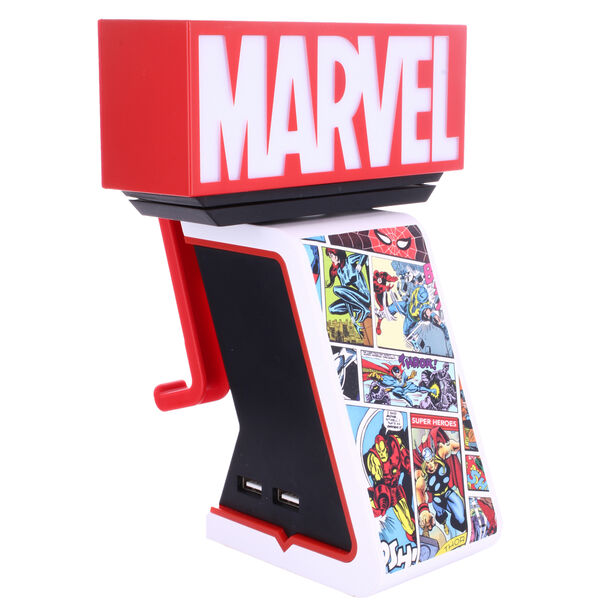 Support de charge Marvel Cable Guy Ikon blanc avec logo lumineux et manette PS5 posée dessus