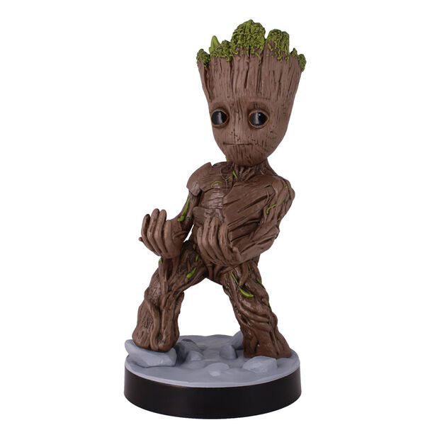 Vue rapprochée du support Groot avec détails du visage sculpté et finition soignée