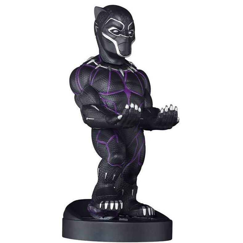 Support Marvel Black Panther avec un smartphone posé, montrant la compatibilité universelle