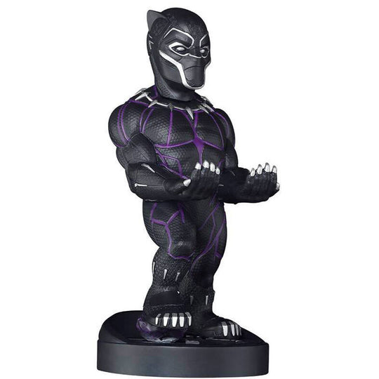Support Marvel Black Panther avec un smartphone posé, montrant la compatibilité universelle