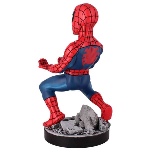 Détail du design Marvel Spiderman sur le support Cable Guy en plastique rouge et bleu