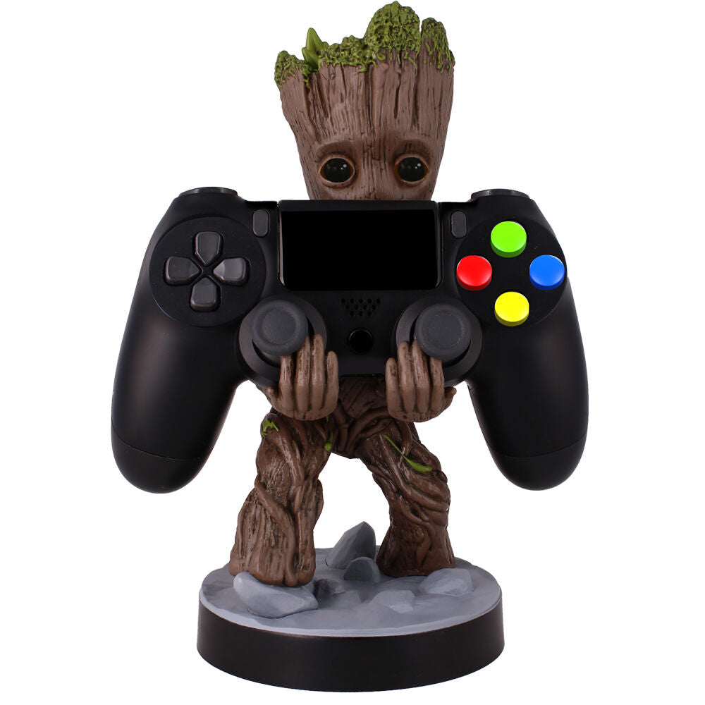 Vue d'ensemble du support câble Groot avec plusieurs manettes et télécommandes compatibles