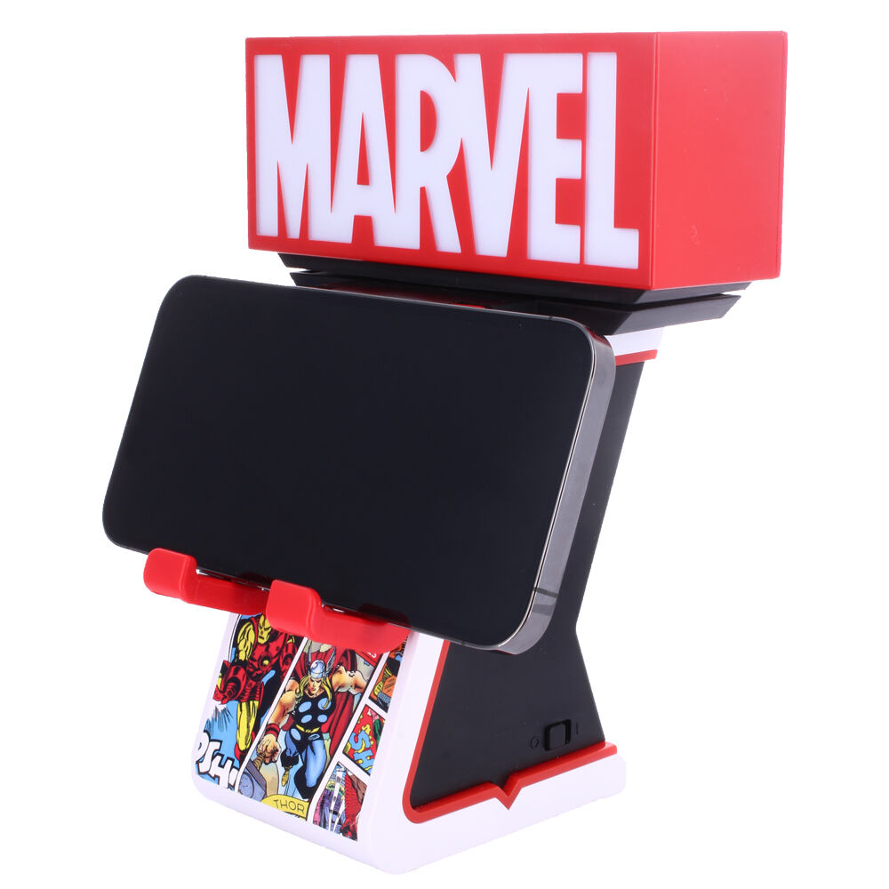 Présentation du support Marvel Cable Guy Ikon avec décalcomanie comic book sur la colonne blanche