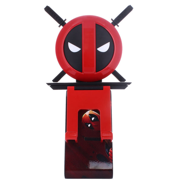Détail du décor bande dessinée Marvel sur la colonne blanche du support Deadpool Cable Guy