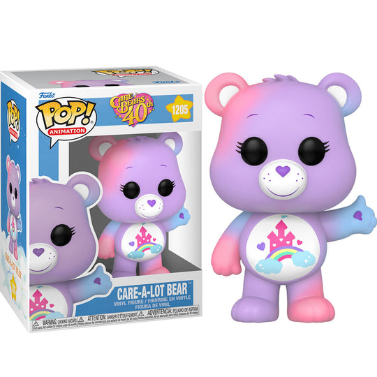 Présentation de la figurine Care a Lot Bear Funko POP sur fond blanc avec éclairage mettant en valeur les détails