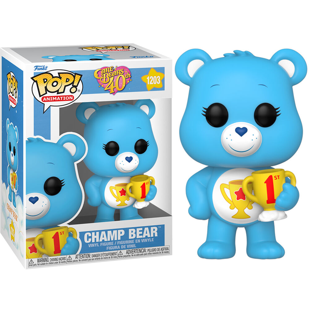 Collection complète montrant la figurine Funko POP Care Bears Champ Bear avec ses accessoires