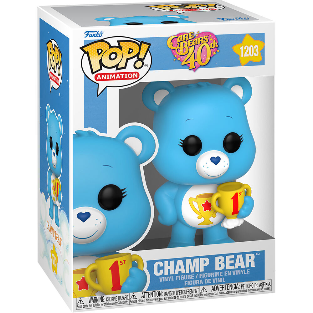 Vue latérale de la figurine Care Bears Champ Bear édition limitée 40e anniversaire Funko POP