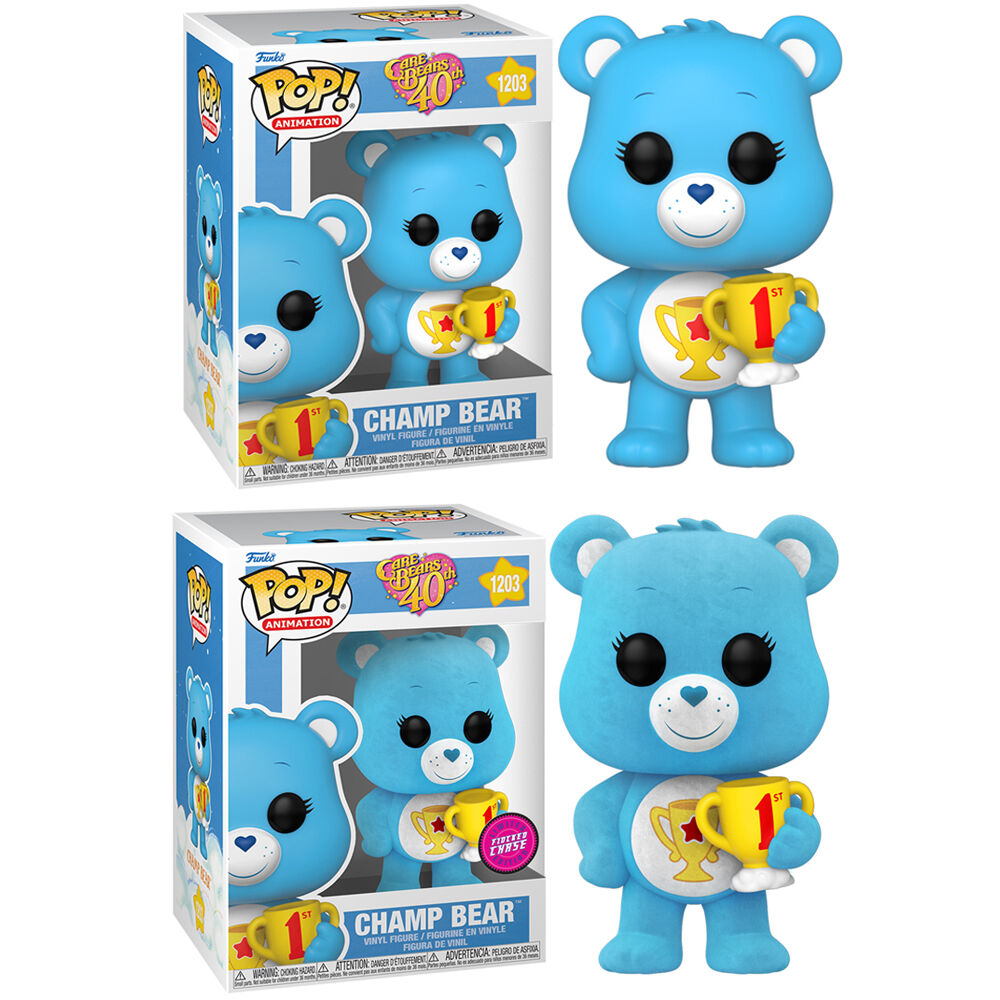 Figurine Funko POP Care Bears Champ Bear 9cm vue de face dans sa boîte cadeau 40e anniversaire
