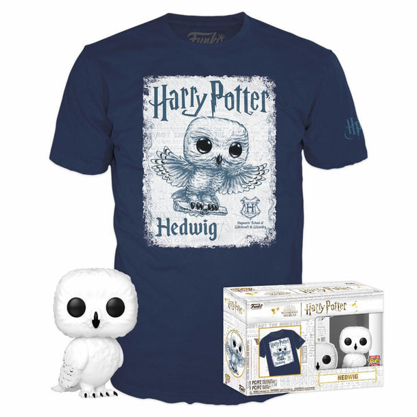 Figurine Funko POP Hedwig accompagnée du T-shirt Harry Potter, présentés sur fond blanc.