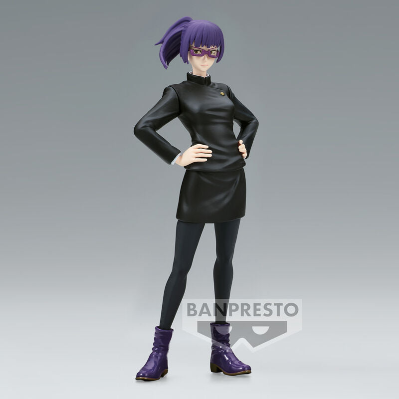 Zoom sur la figurine BANPRESTO Maki Zenin montrant la posture dynamique et les accessoires du personnage