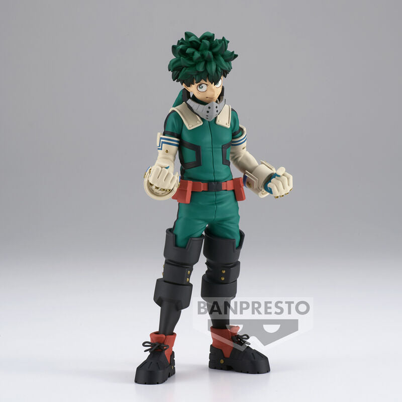 Profil latéral de la figurine Deku Izuku Midoriya montrant sa posture dynamique et sa tenue de héros