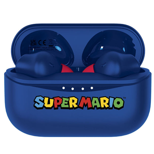 Écouteurs Nintendo Super Mario bleus avec design pour enfants sur fond blanc, vue de face