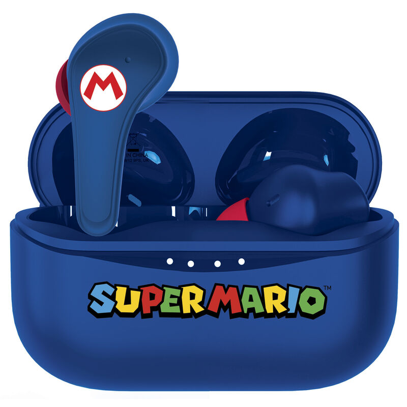 Boîtier de recharge compact des écouteurs Nintendo Super Mario avec logo coloré, fermé