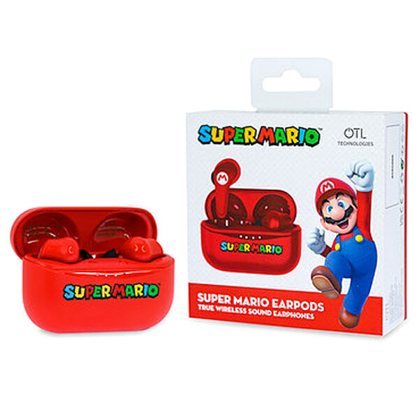 Boîtier de recharge des écouteurs Nintendo Super Mario rouge avec logo OTL Technologies visible.