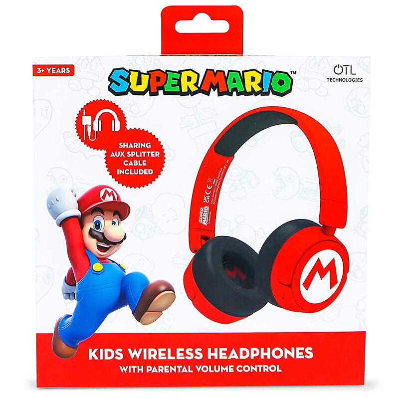Casque enfant sans fil posé à côté du câble audio 3,5 mm inclus dans le pack