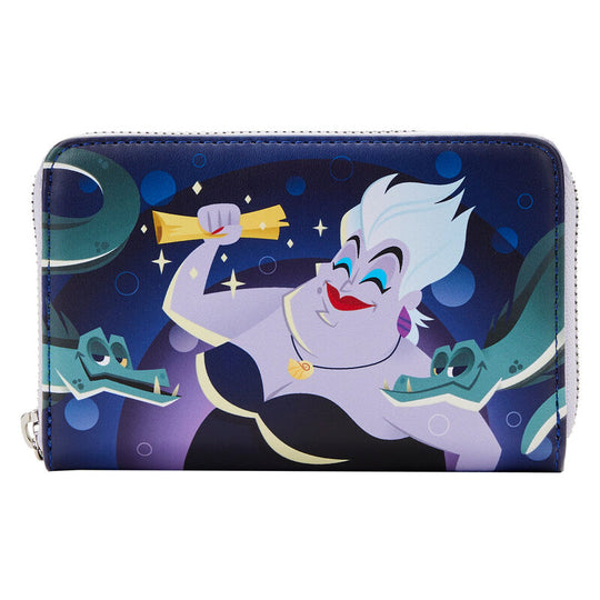 Vue avant du portefeuille Loungefly Ursula La Petite Sirène avec détails imprimés et fermeture éclair argentée brillante