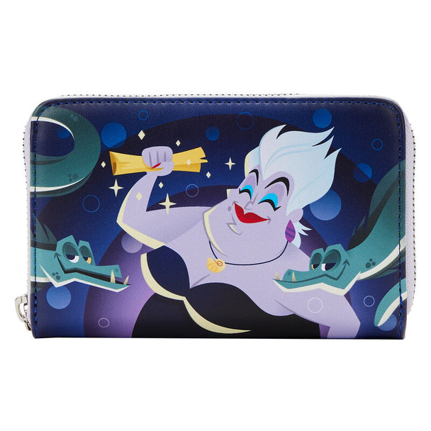 Vue avant du portefeuille Loungefly Ursula La Petite Sirène avec détails imprimés et fermeture éclair argentée brillante