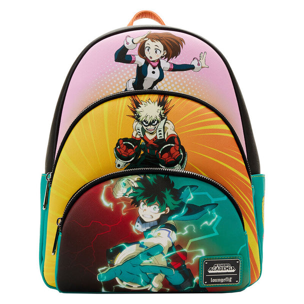 Sac à dos Loungefly My Hero Academia vue de face avec motifs imprimés colorés et détails embossés