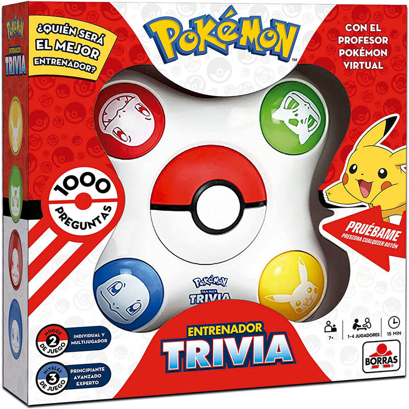 Plateau de jeu Trivia Pokémon montrant les zones de jeu et les cartes pour 1 à 4 joueurs