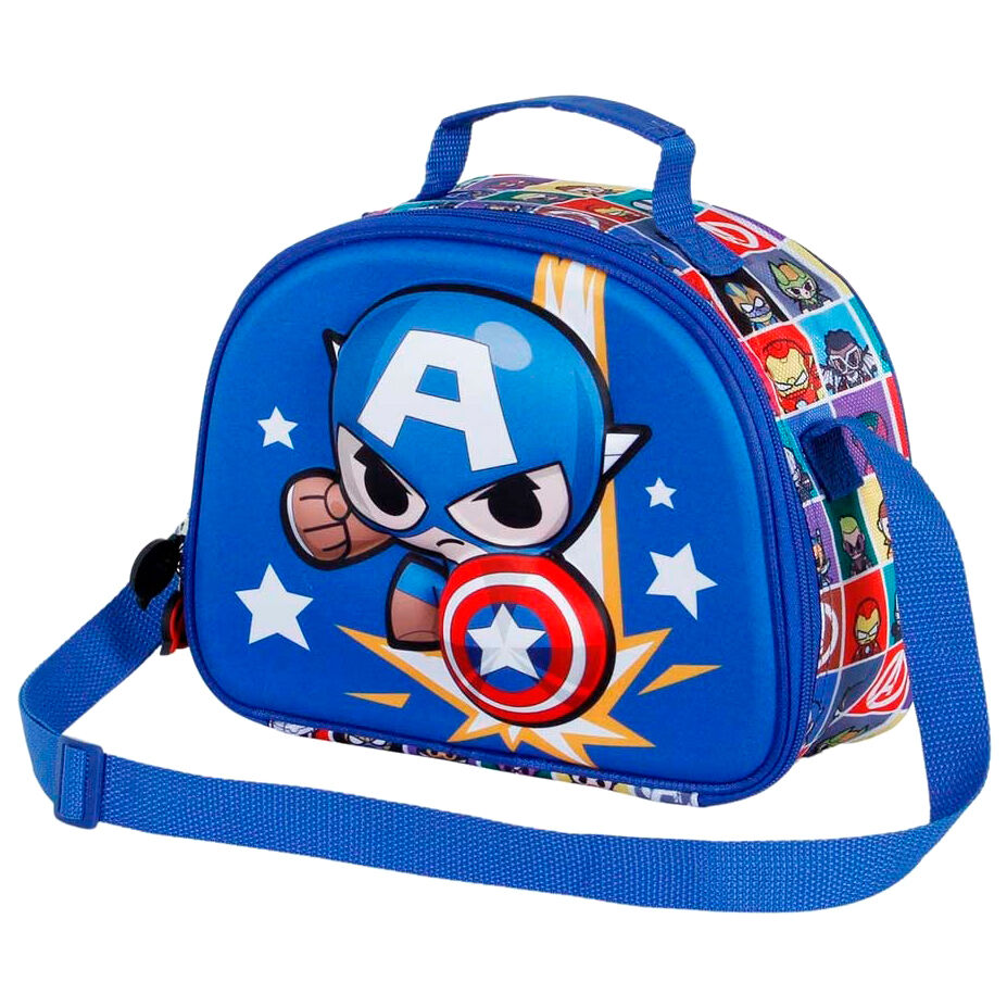 Vue latérale du sac repas Marvel Avengers montrant la bandoulière réglable et la texture embossée