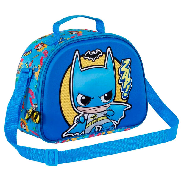 Vue latérale du lunch bag Batman avec bandoulière ajustable et poignée renforcée