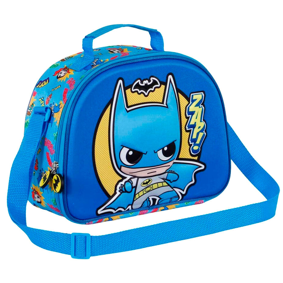 Vue latérale du lunch bag Batman avec bandoulière ajustable et poignée renforcée