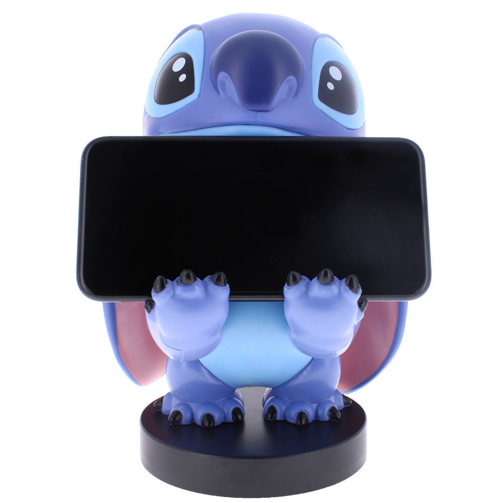 Zoom sur le design détaillé du support Stitch, mettant en valeur les couleurs et la texture du personnage