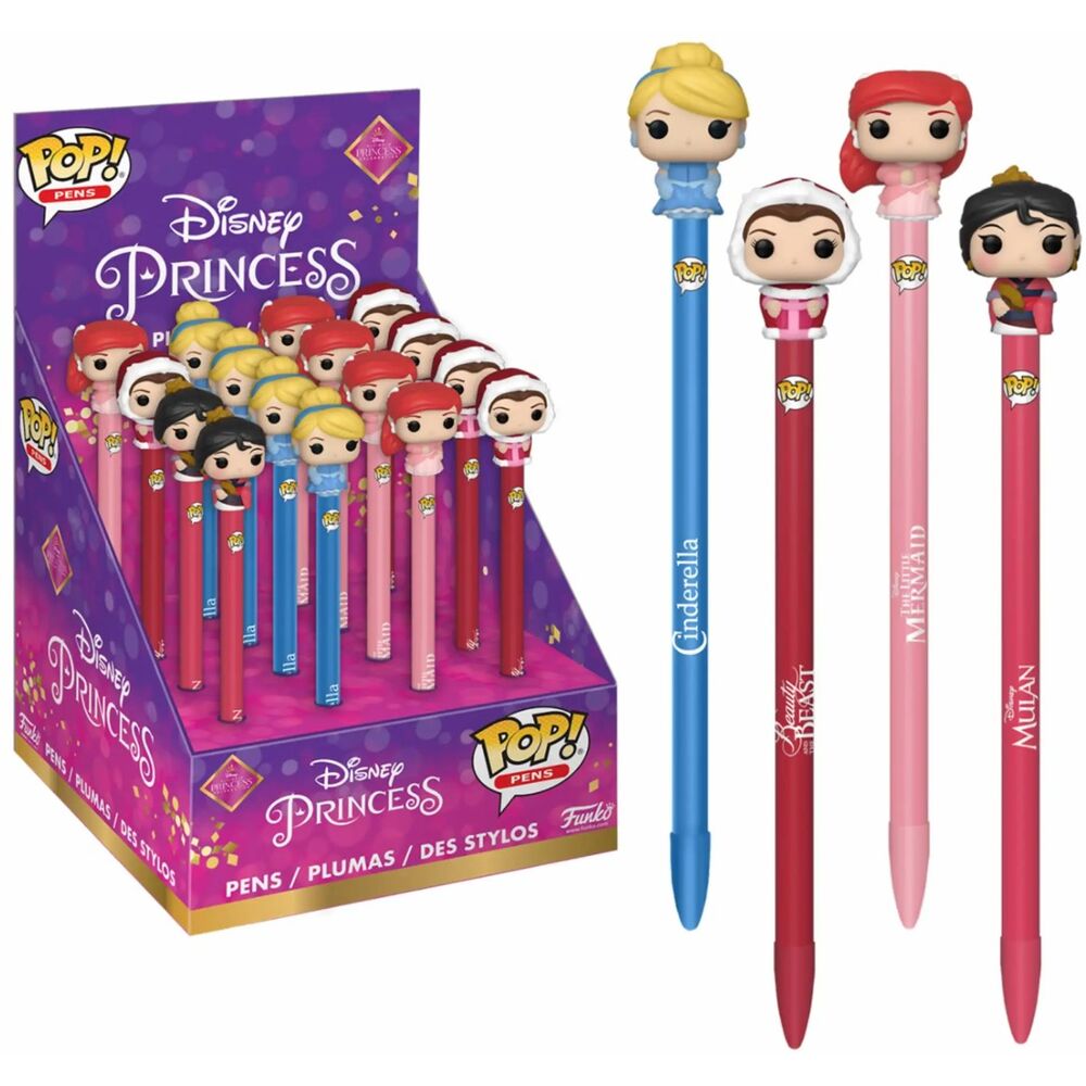 Ensemble de deux Disney Princess Pen Toppers FUNKO fixés sur des stylos, montrant leurs designs uniques et attrayants.