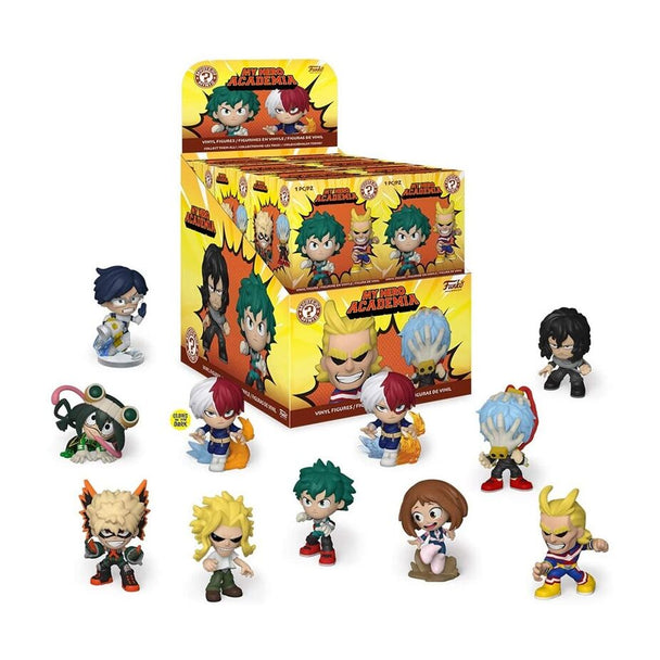 Boîte d'assortiment FUNKO Mystery Minis My Hero Academia montrant plusieurs figurines à collectionner