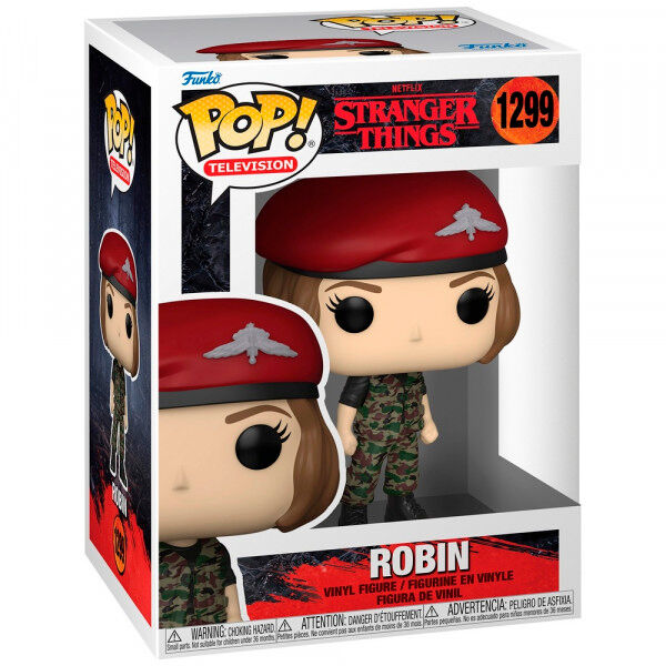 Figurine Funko POP Hunter Robin de Stranger Things en vinyle, vue de face dans sa boîte vitrine transparente