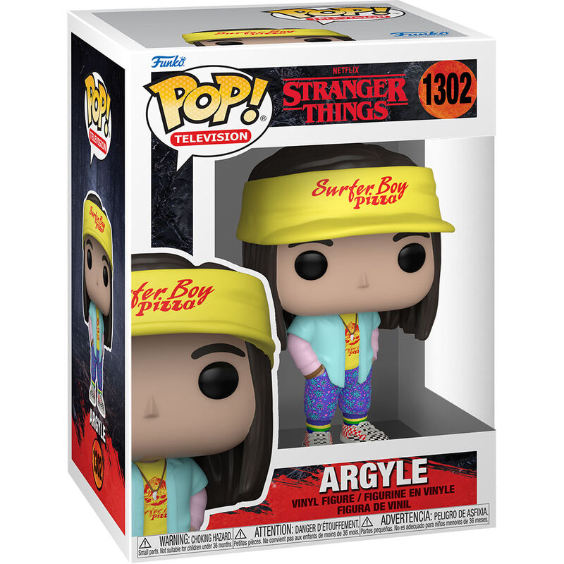 Figurine Funko POP Argyle de Stranger Things en vinyle, hauteur 9 cm, présentée dans sa boîte vitrine transparente