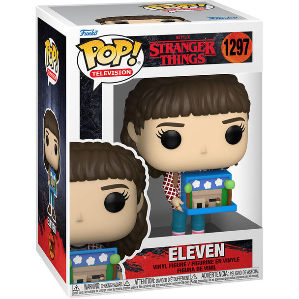 Vue rapprochée de la figurine Funko POP Eleven montrant les détails précis du personnage dans sa boîte