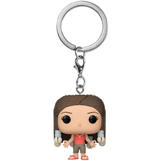 Vue latérale du porte-clés Monica Geller Friends Pocket POP avec chaîne métallique brillante