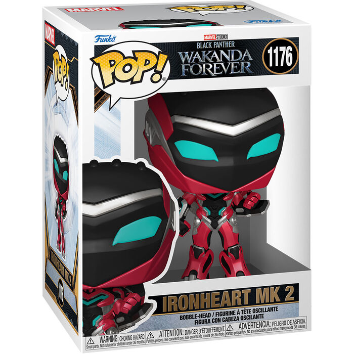 Figurine POP Ironheart MK2 de Marvel Black Panther Wakanda Forever vue de face avec détails précis.
