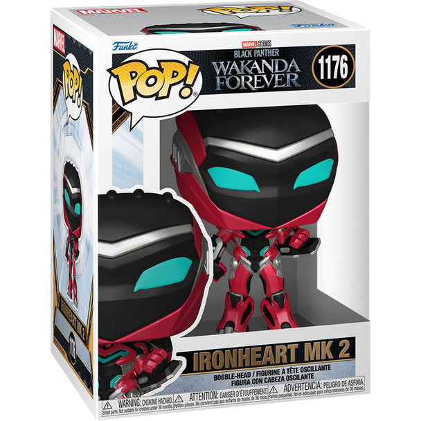 Figurine POP Ironheart MK2 de Marvel Black Panther Wakanda Forever vue de face avec détails précis.