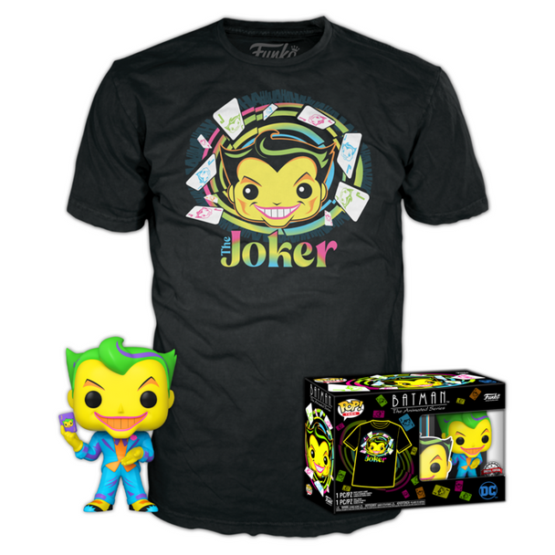 Set exclusif FUNKO DC Comics avec figurine POP Batman et Joker accompagnée d'un t-shirt officiel.