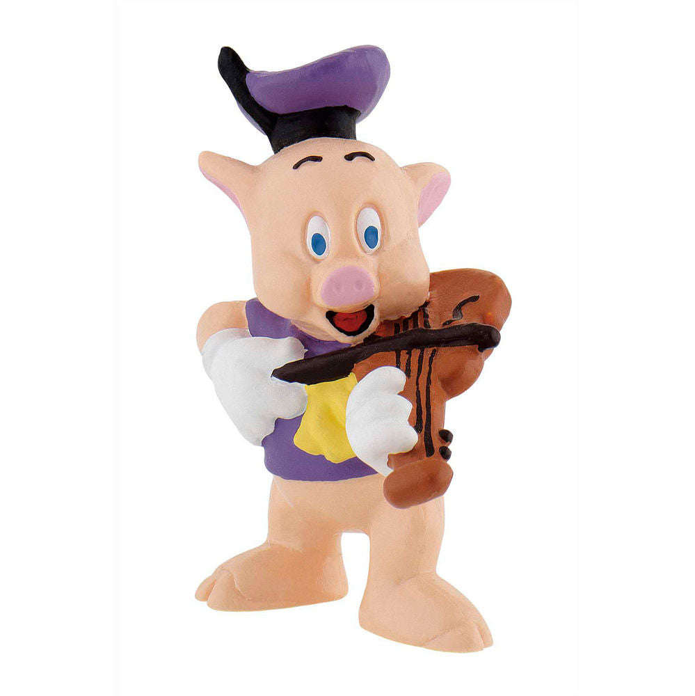 Figurine Fiddler des Trois Petits Cochons en plastique peint, hauteur 6cm, vue de face avec détails colorés.