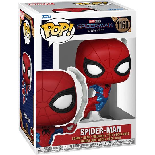 Vue avant de la figurine Funko POP Spider-Man No Way Home en vinyle de 9 cm dans sa boîte cadeau