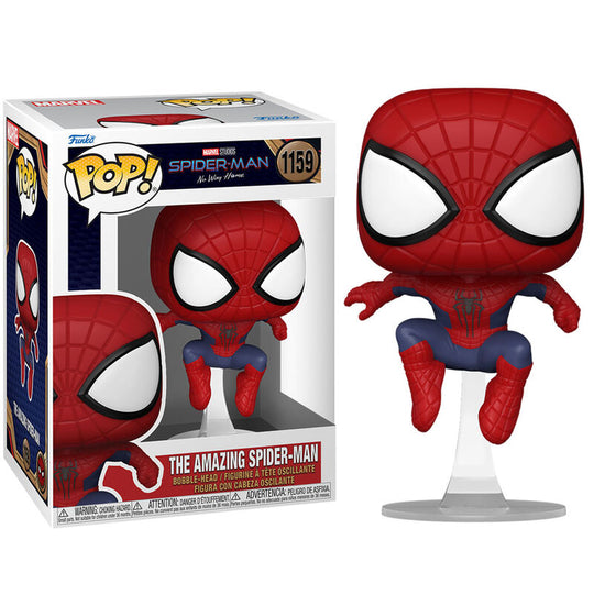 Vue rapprochée de la figurine Spider-Man No Way Home Funko POP montrant les détails précis du costume rouge et bleu