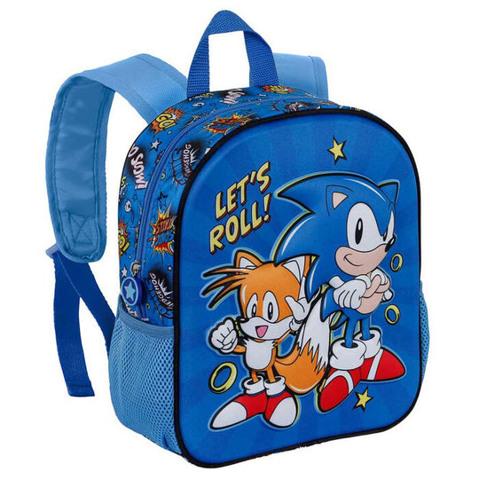 Vue latérale du sac à dos Sonic The Hedgehog Lets Roll 3D montrant la forme et la taille adaptée aux enfants
