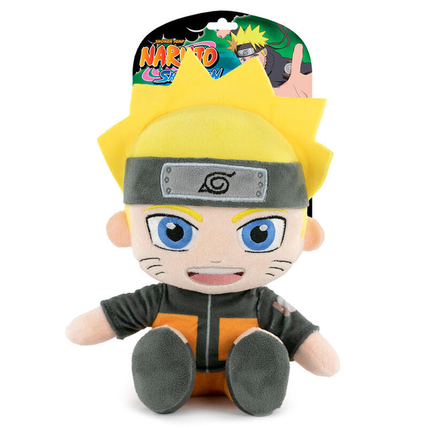 Peluche officielle Naruto Uzumaki de 25cm, représentant le personnage de Naruto Shippuden avec ses vêtements iconiques et détails soignés.