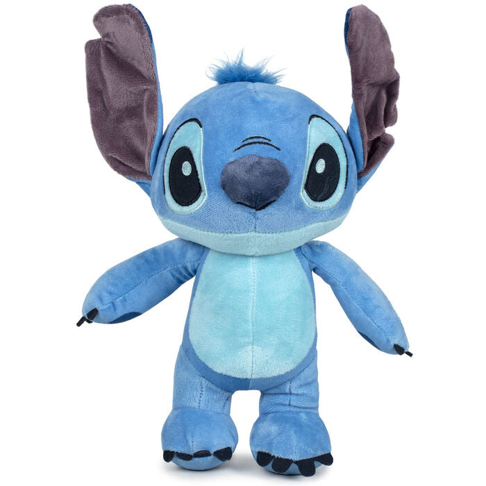 Peluche Disney Stitch douce de 28 cm, vue de face avec ses grandes oreilles et son sourire caractéristique.