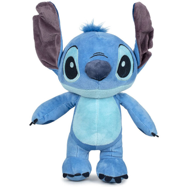 Peluche Disney Stitch douce de 28 cm, vue de face avec ses grandes oreilles et son sourire caractéristique.
