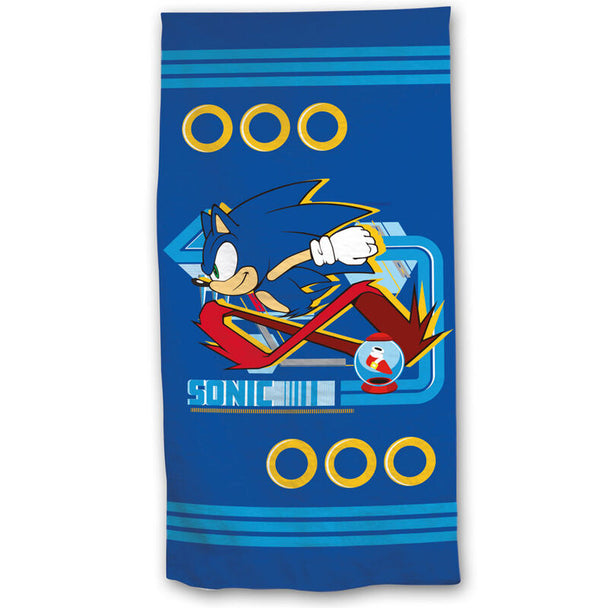 Serviette de plage microfibre Sonic The Hedgehog aux couleurs vives et logo SEGA, dimensions 140x70 cm.